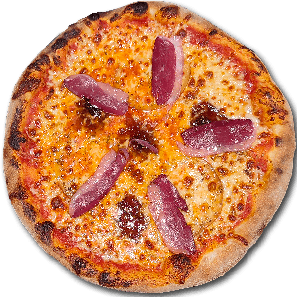Pizza magret/figue : sauce tomate, magret de canard, confit de figue, scarmorza et mozzarella